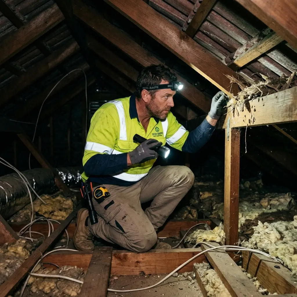 Technician inspecting a roof cavity for a dead animal in Beveridge