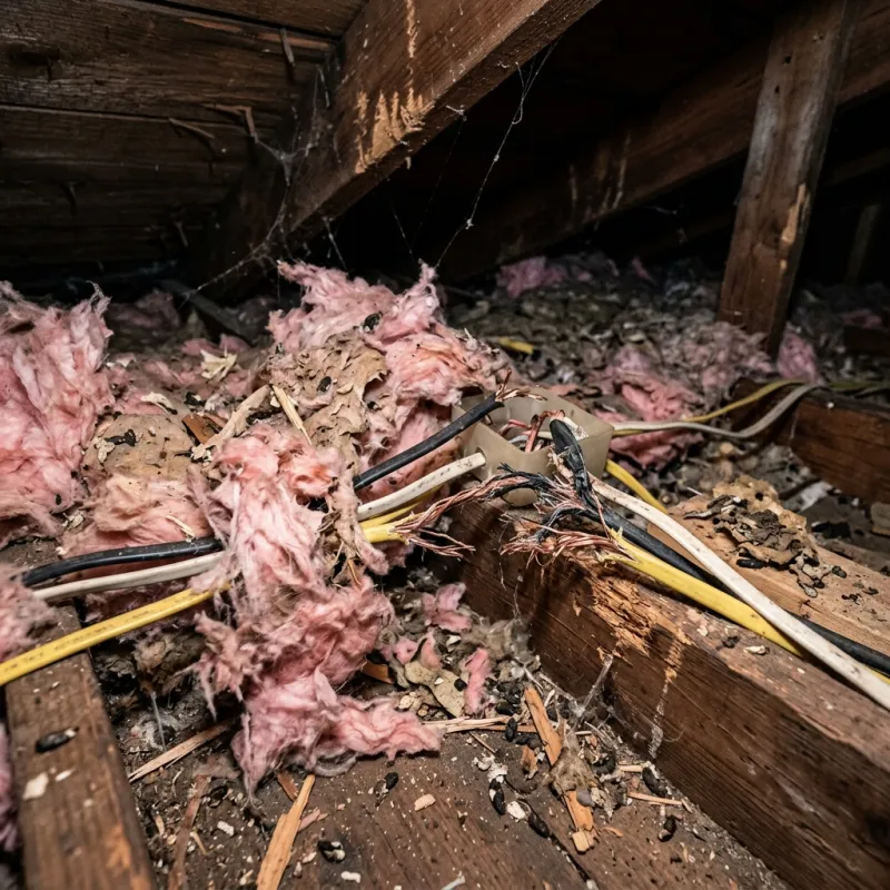 Contaminated ceiling insulation being assessed in a Beveridge roof space