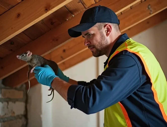 Technician inspecting a roof cavity for a dead rat in Beveridge
